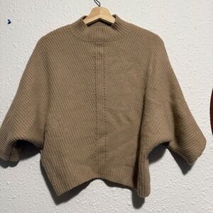 R Label women's S Wool Cashmere‎ Blend Batwing Sleeve Sweater Mock Neck Tan